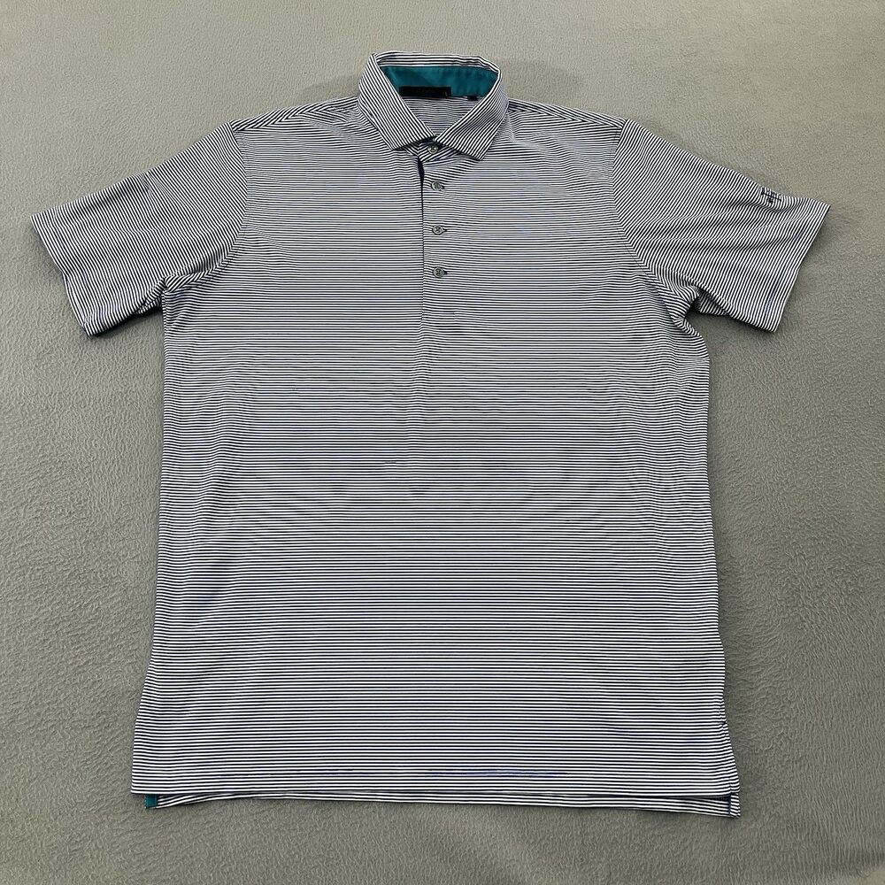 Greyson Polo Shirt Mens Large Blue Stripe Recycled Polyester Golf Stretch Tech